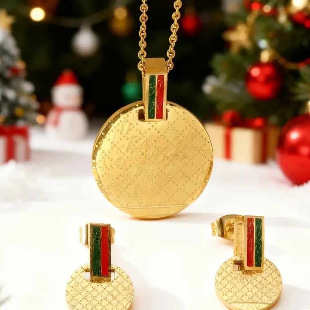 Chic Gold Necklace and Earring Set with Red and Green Accents 925 Stamp - Picture 3 of 7